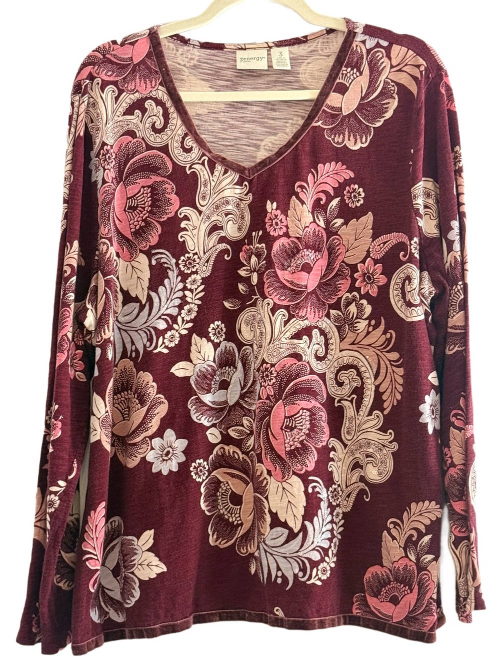 Chicos Zenergy Maroon Floral V-Neck Velvet Trim Top
